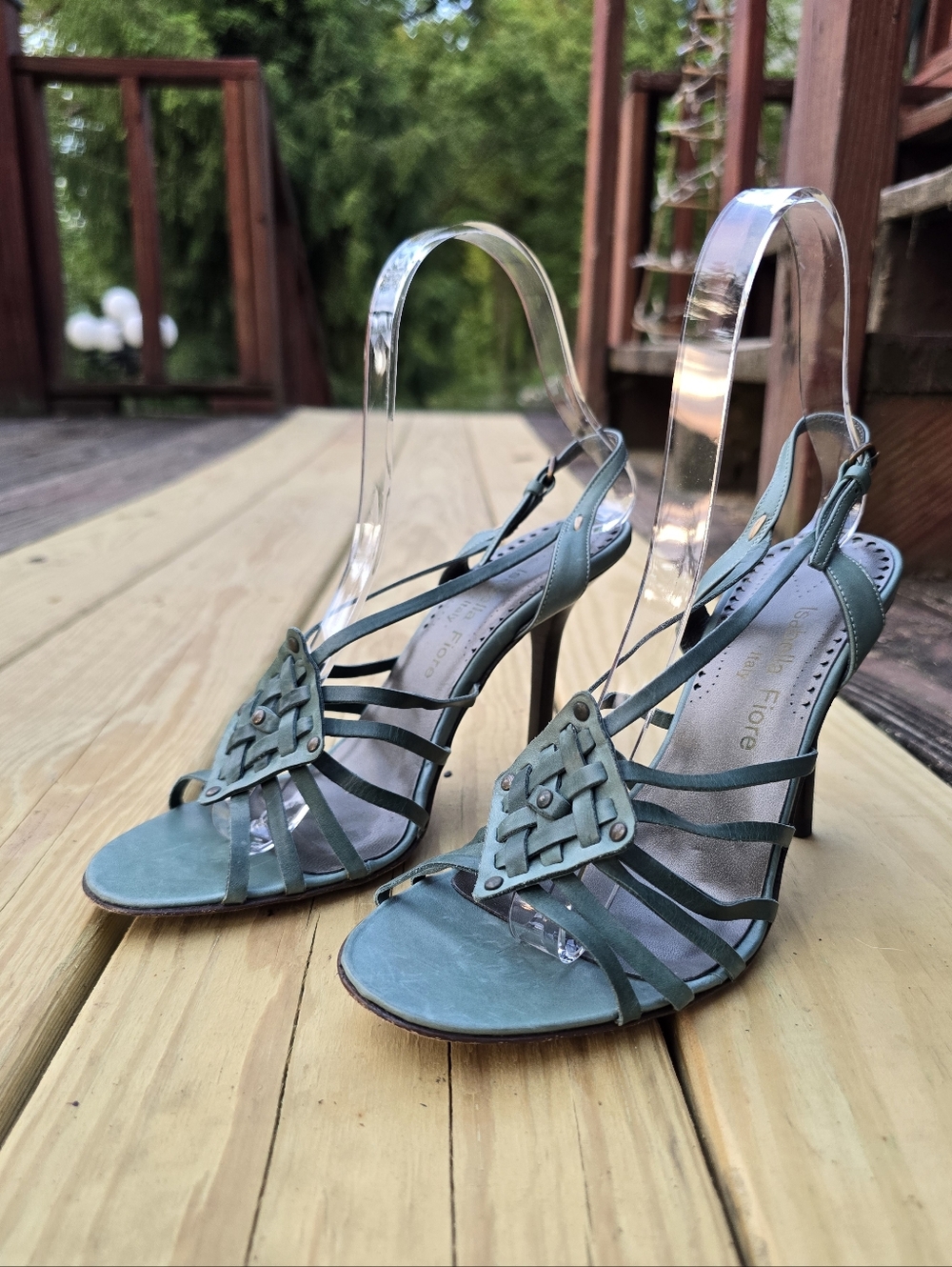 Vtg Isabella Fiore Strappy Green Leather, Stunning Heeled Bohemian Sandals Sz 7M